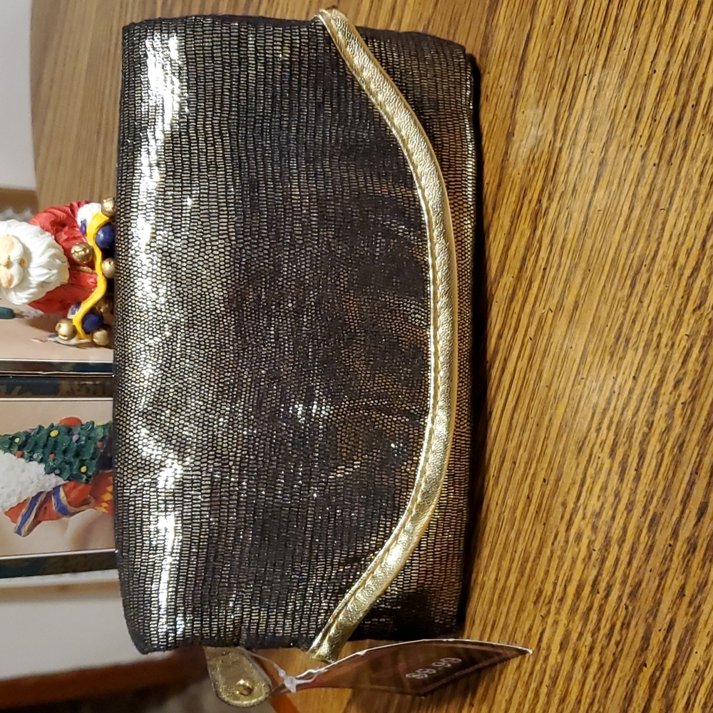 MODELLA Dark Gold Fold-Over Clutch Bag - Zipper & Snap w/Mirror - NEW
